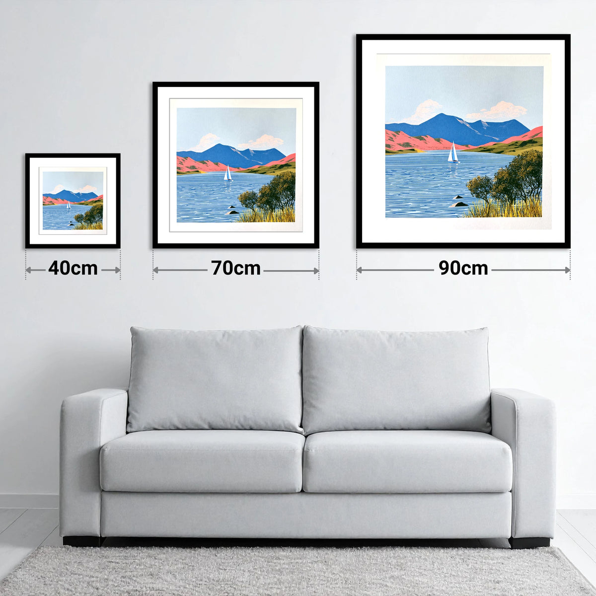 Vibrant Fells Over Coniston Water - size guide showing 40cm, 70cm and 90cm art prints