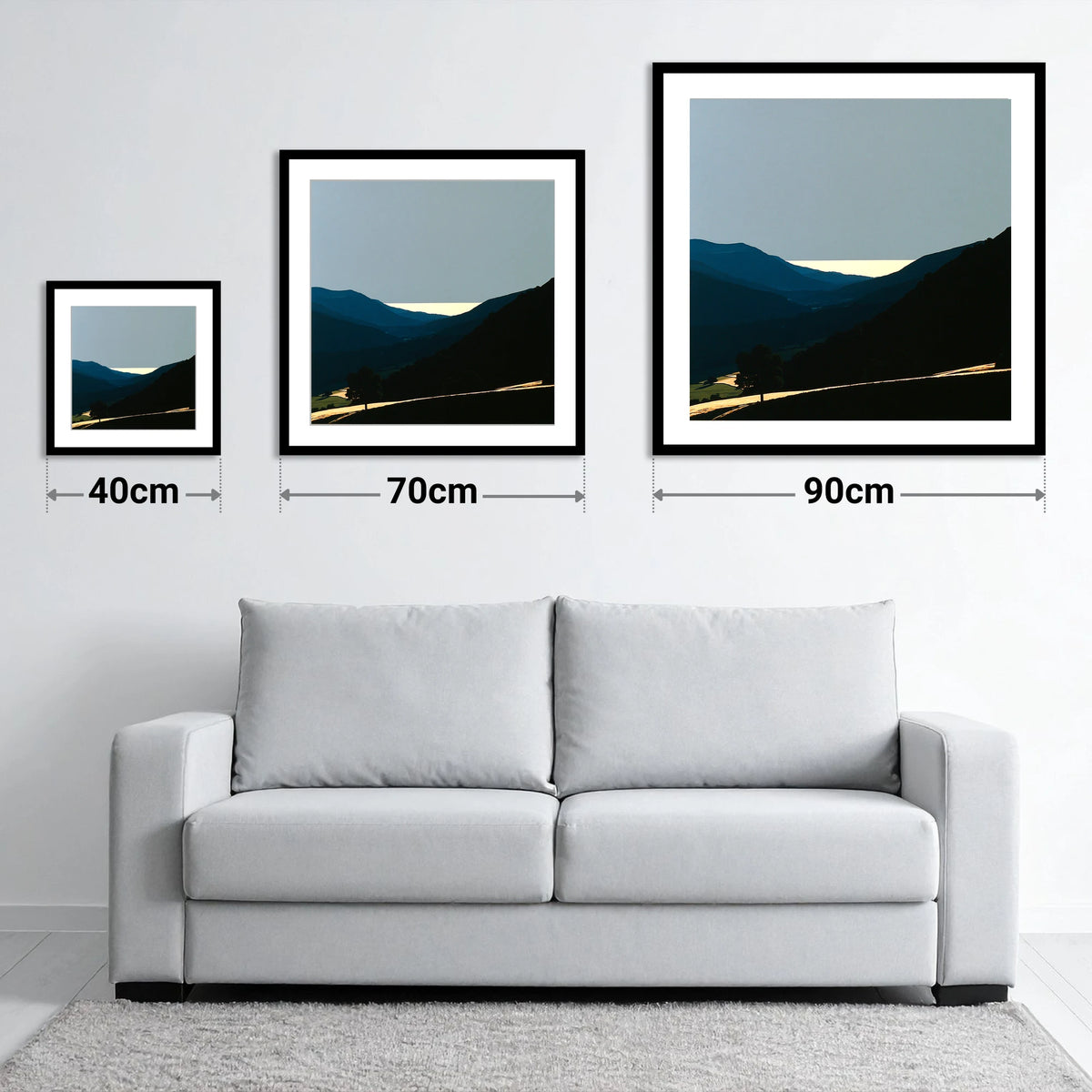 Luminous Valley Mist at Dawn - size guide showing 40cm, 70cm and 90cm art prints