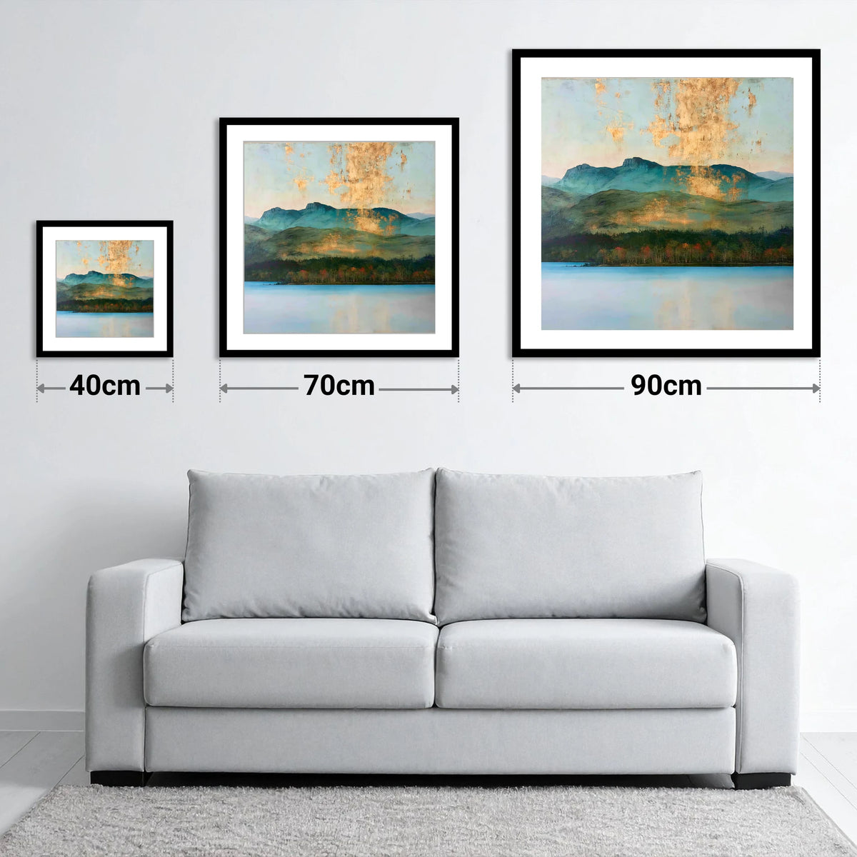 Gilded Sky Over Windermere - size guide showing 40cm, 70cm and 90cm art prints