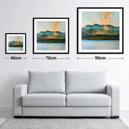 Gilded Sky Over Windermere - size guide showing 40cm, 70cm and 90cm art prints