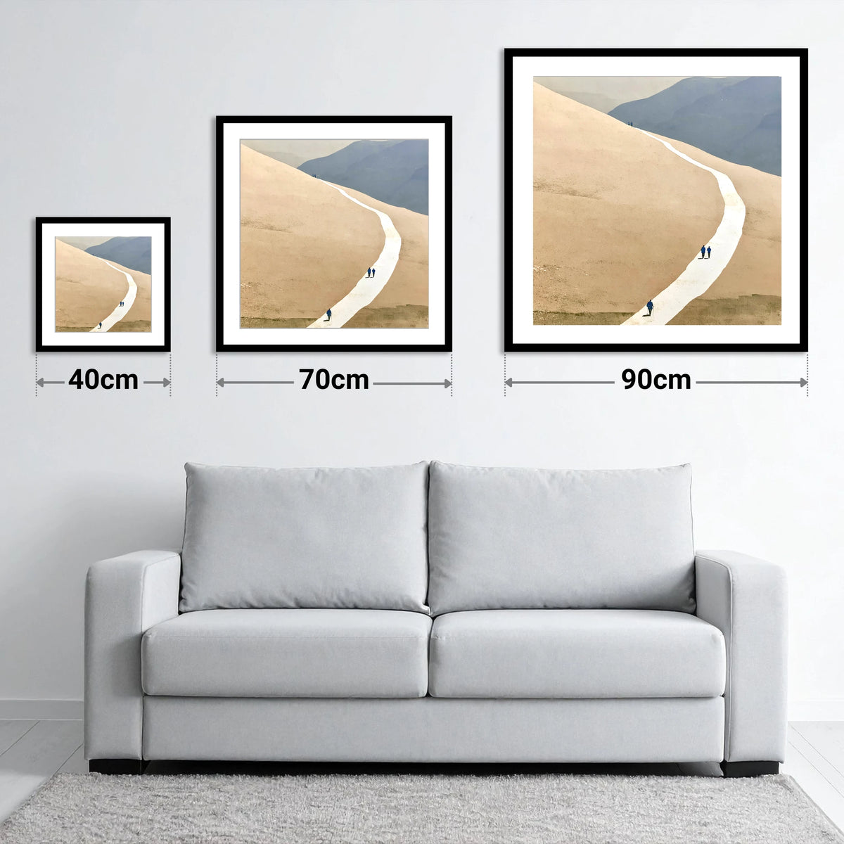 Winding Path across the Ochre Fells - size guide showing 40cm, 70cm and 90cm art prints