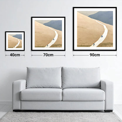 Winding Path across the Ochre Fells - size guide showing 40cm, 70cm and 90cm art prints