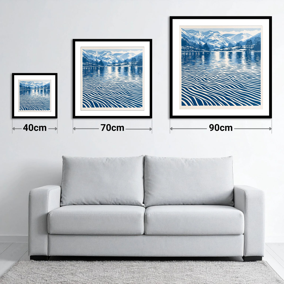 Rhythmic Blue Lake Reflections - size guide showing 40cm, 70cm and 90cm art prints
