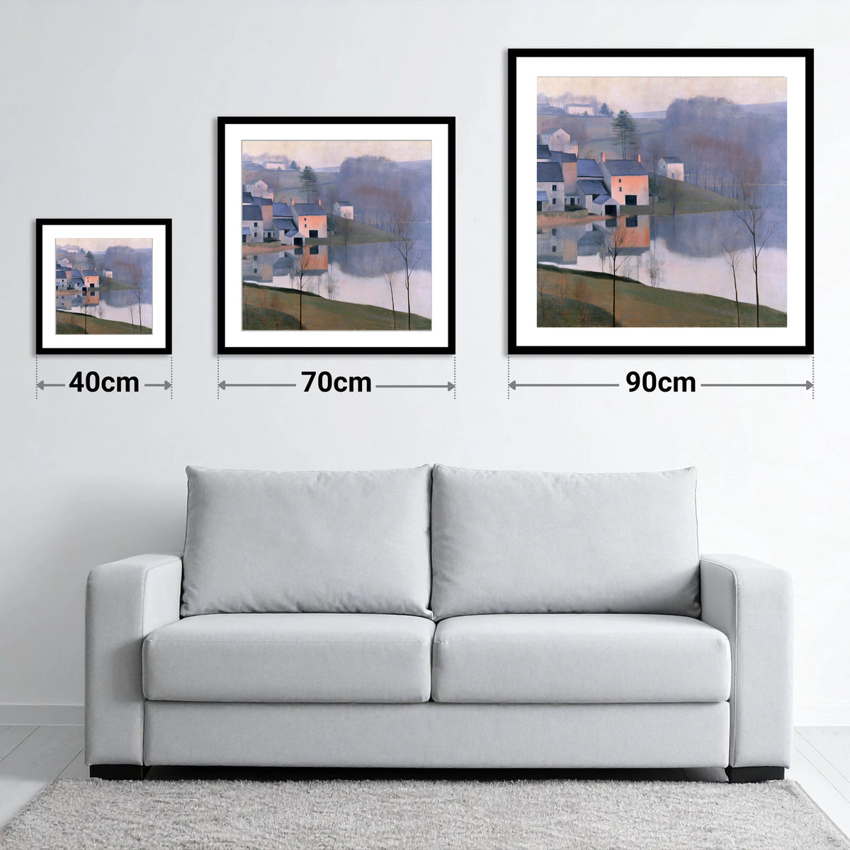 Pastel Lakeside Village Reflections - size guide showing 40cm, 70cm and 90cm art prints