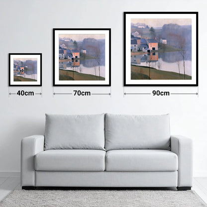 Pastel Lakeside Village Reflections - size guide showing 40cm, 70cm and 90cm art prints