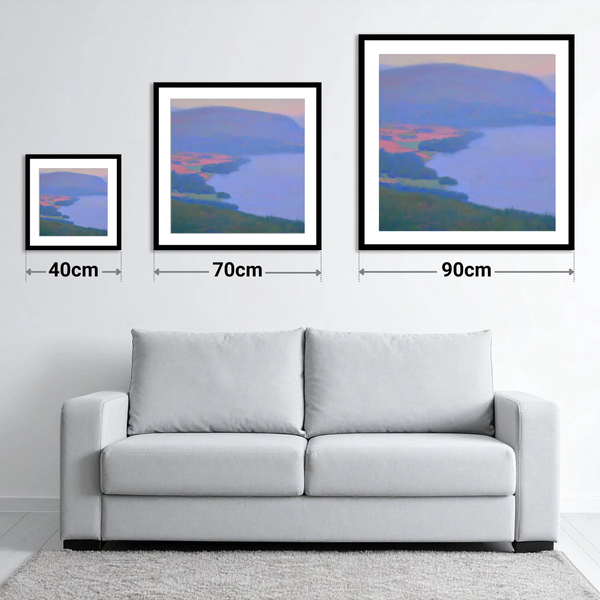 Pastel Skies Over Bassenthwaite Lake - size guide showing 40cm, 70cm and 90cm art prints