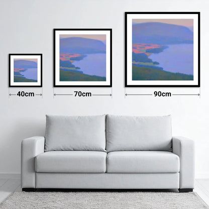 Pastel Skies Over Bassenthwaite Lake - size guide showing 40cm, 70cm and 90cm art prints