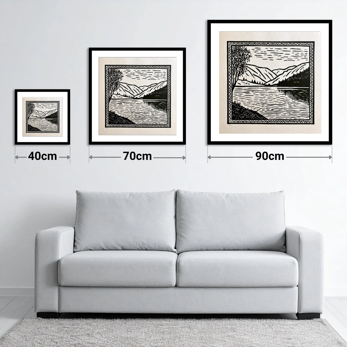 Monochrome Lake at Dawn - size guide showing 40cm, 70cm and 90cm art prints