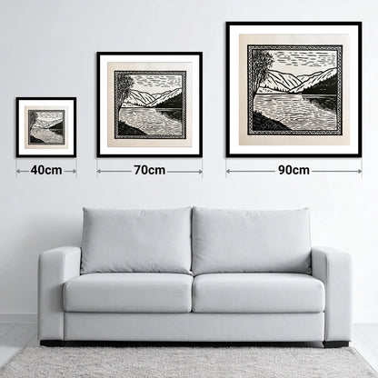 Monochrome Lake at Dawn - size guide showing 40cm, 70cm and 90cm art prints