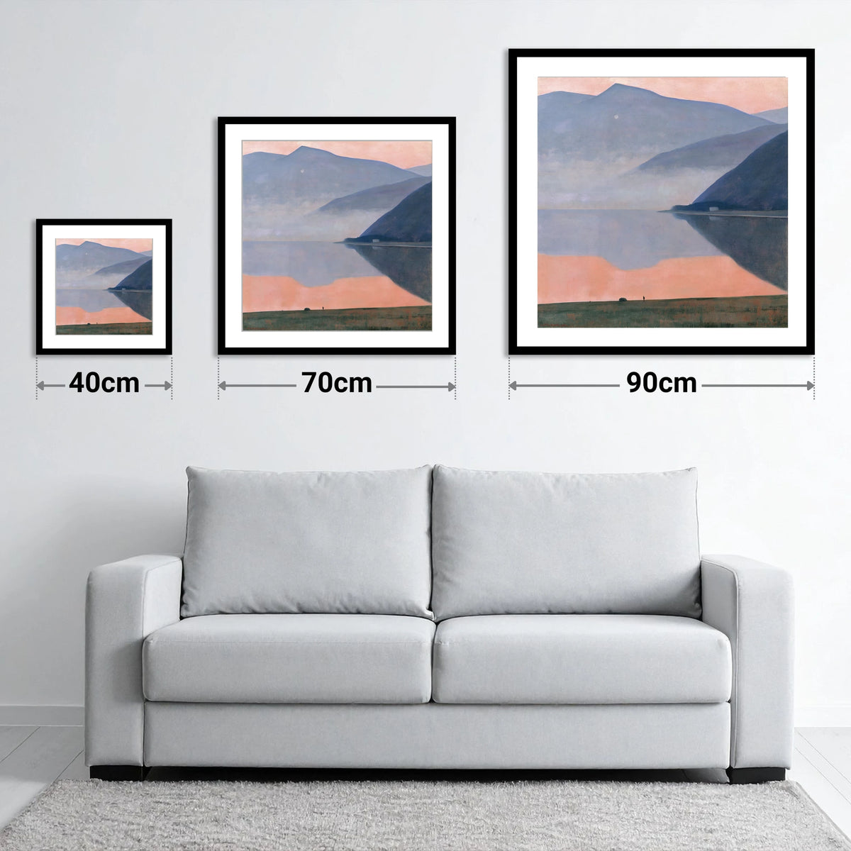 Pink Dusk Over Still Lake - size guide showing 40cm, 70cm and 90cm art prints
