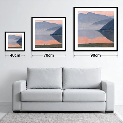 Pink Dusk Over Still Lake - size guide showing 40cm, 70cm and 90cm art prints