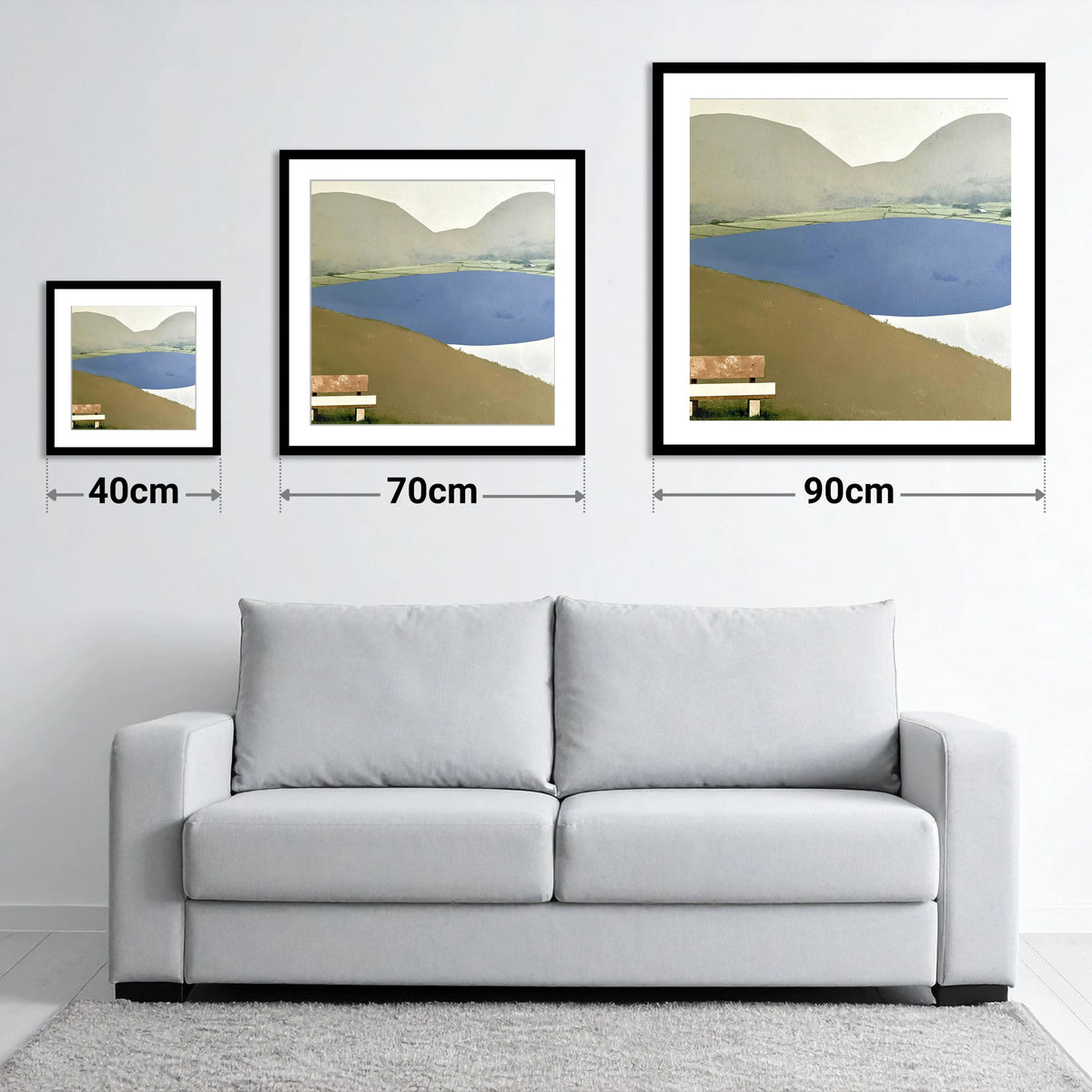 Bench Above Slate Blue Loweswater - size guide showing 40cm, 70cm and 90cm art prints