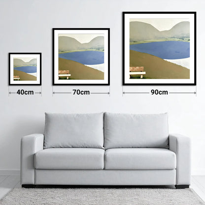 Bench Above Slate Blue Loweswater - size guide showing 40cm, 70cm and 90cm art prints