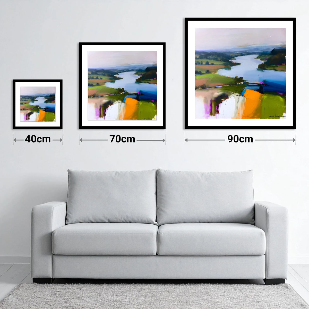 Vibrant Ullswater from Pooley Bridge - size guide showing 40cm, 70cm and 90cm art prints