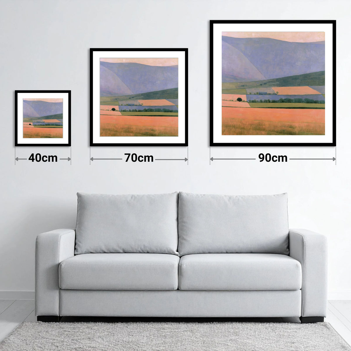Lavender Fells Over Dale Fields - size guide showing 40cm, 70cm and 90cm art prints