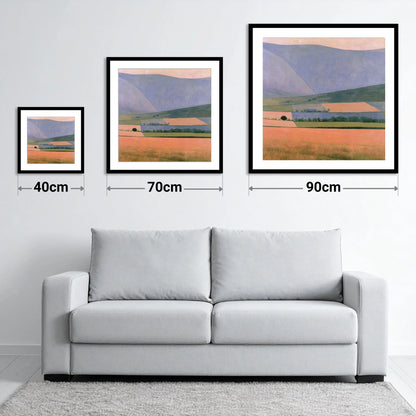 Lavender Fells Over Dale Fields - size guide showing 40cm, 70cm and 90cm art prints