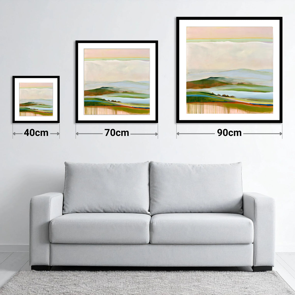 Layered Rolling Fells Under Cloud - size guide showing 40cm, 70cm and 90cm art prints