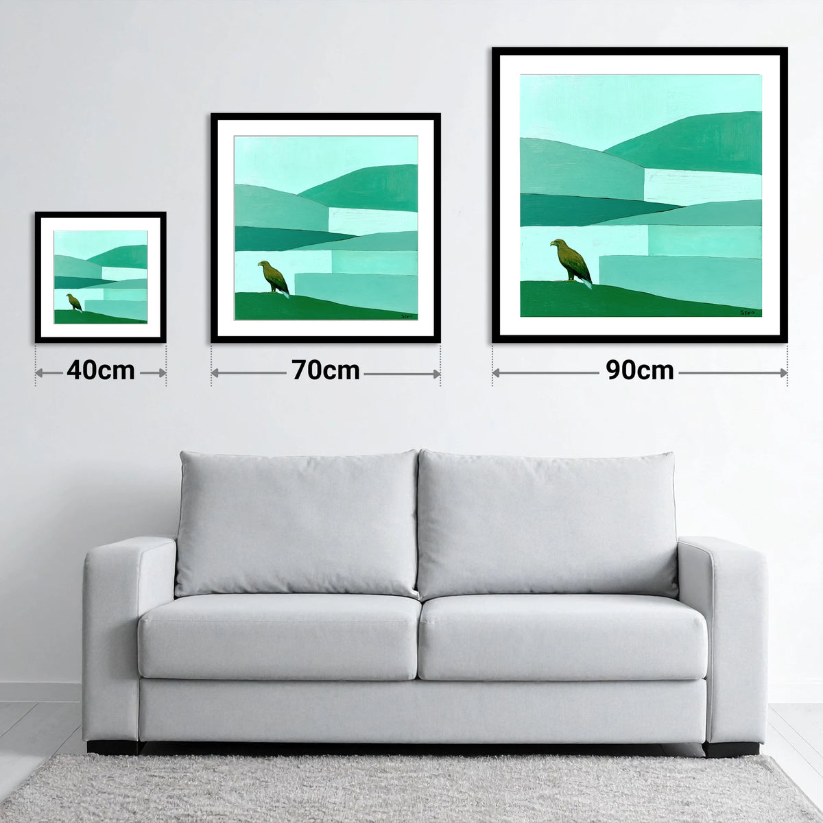 Golden Eagle Over Teal Fells - size guide showing 40cm, 70cm and 90cm art prints