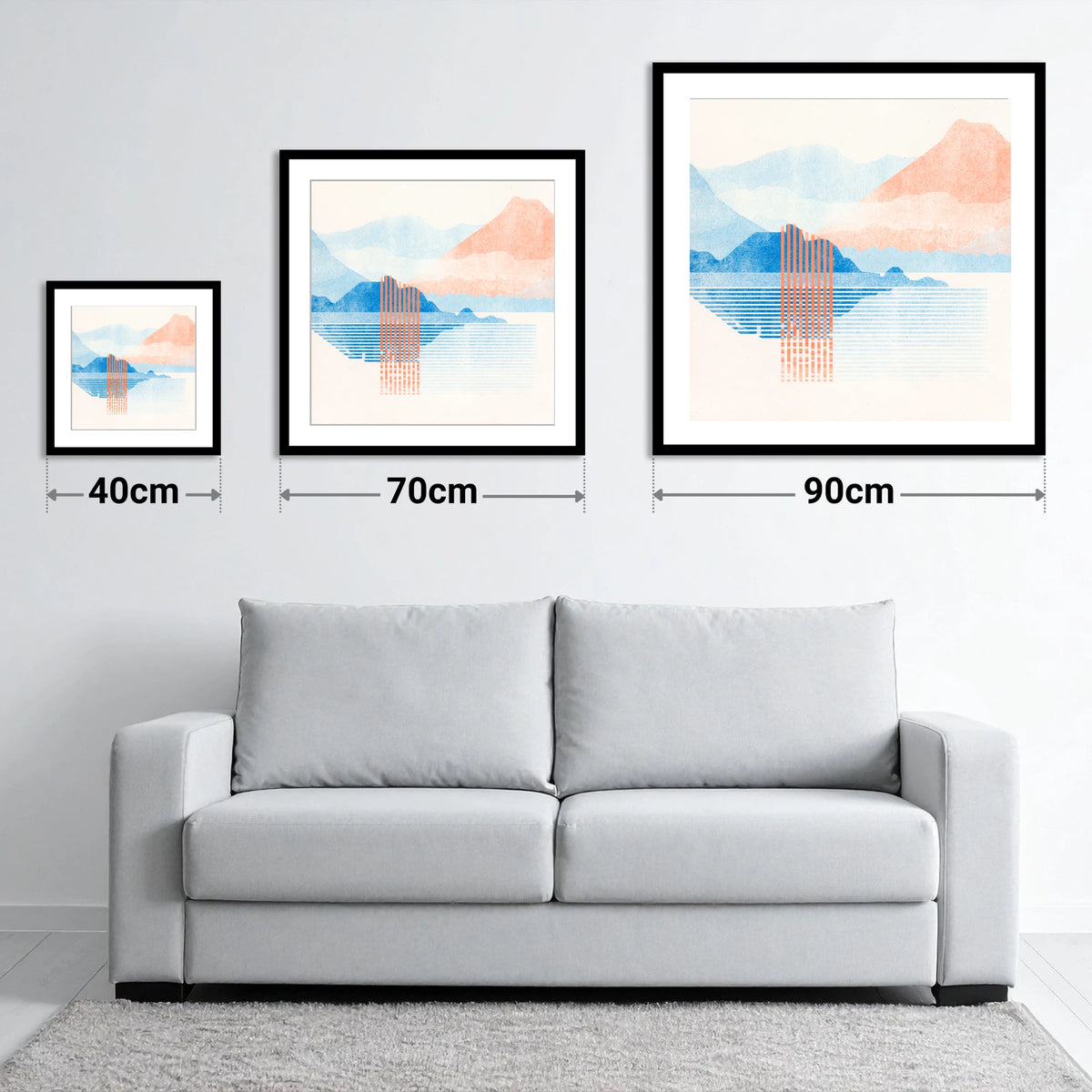 Geometric Derwentwater in Coral and Blue - size guide showing 40cm, 70cm and 90cm art prints