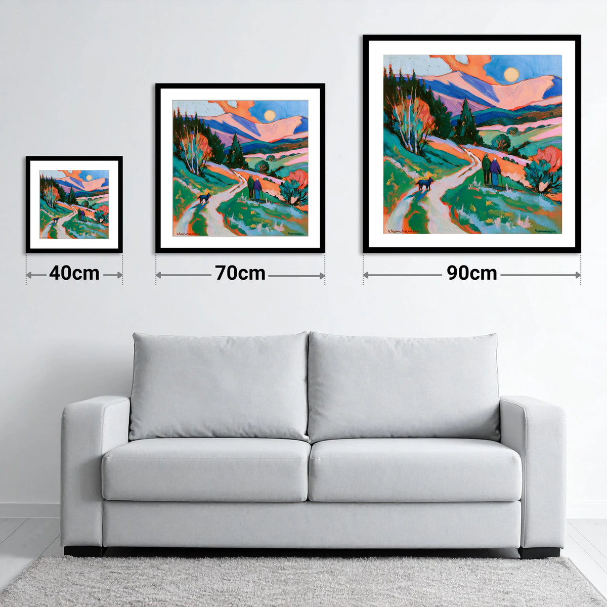 Colourful Keswick Dog Walk - size guide showing 40cm, 70cm and 90cm art prints