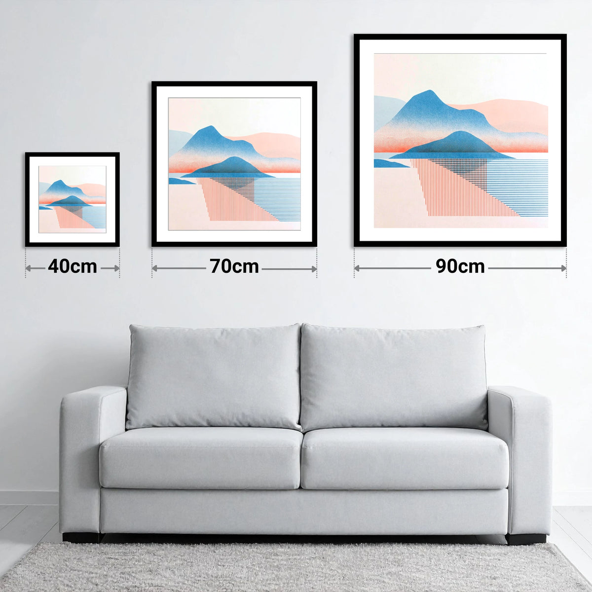 Graphic Catbells In Blue And Coral - size guide showing 40cm, 70cm and 90cm art prints