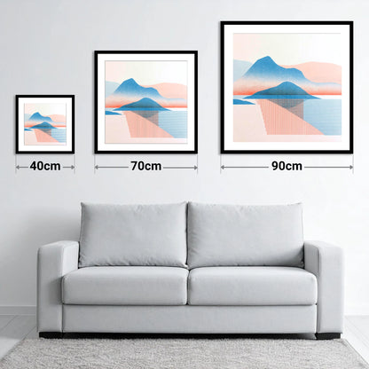 Graphic Catbells In Blue And Coral - size guide showing 40cm, 70cm and 90cm art prints