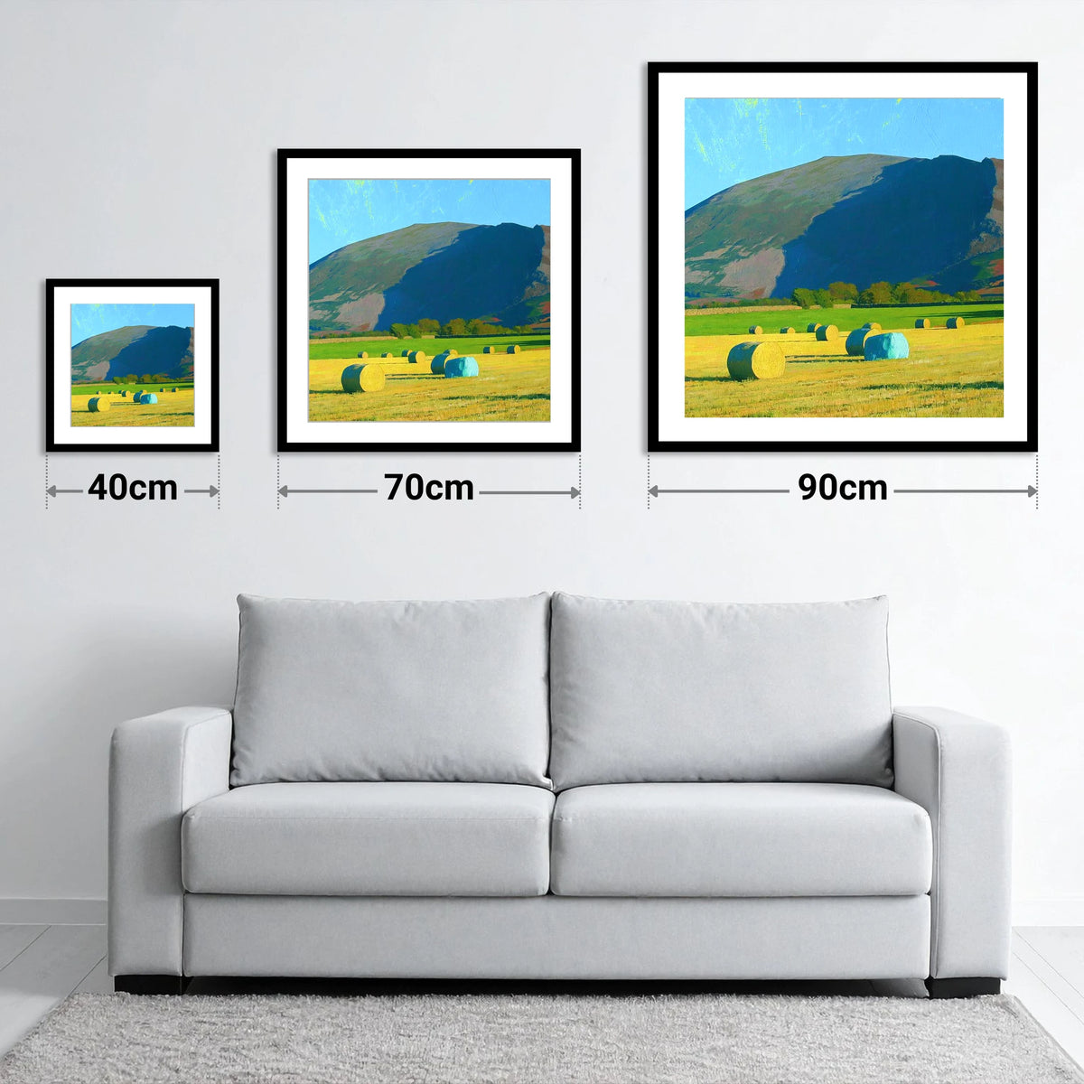 Blencathra Above Sunlit Hay Bales - size guide showing 40cm, 70cm and 90cm art prints