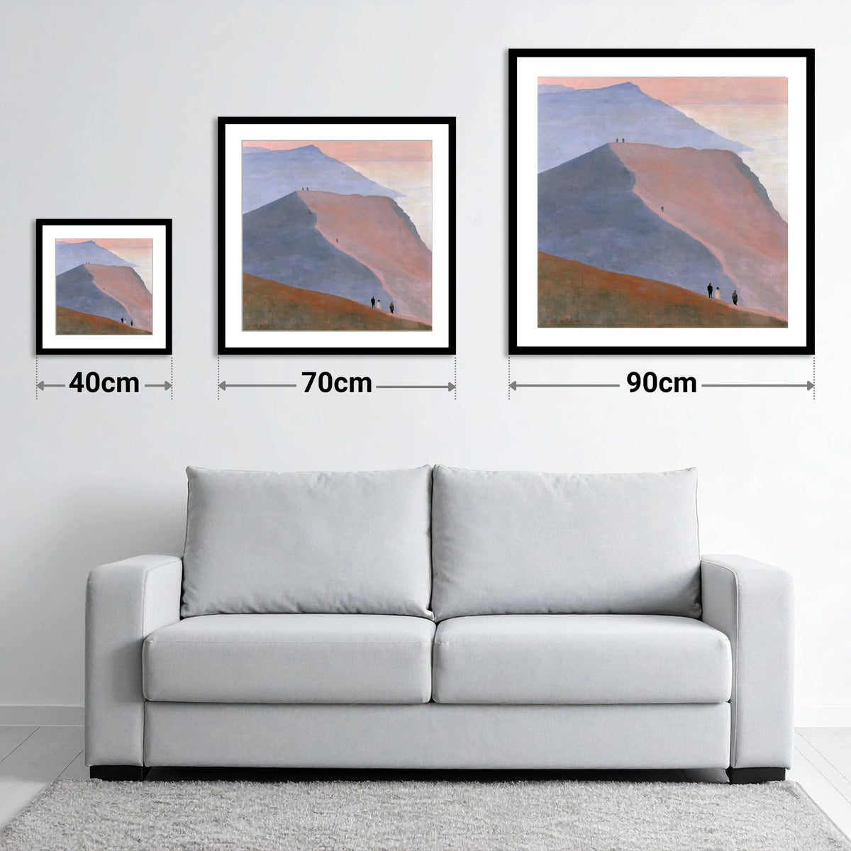 Walkers on a Dusk Ridge - size guide showing 40cm, 70cm and 90cm art prints