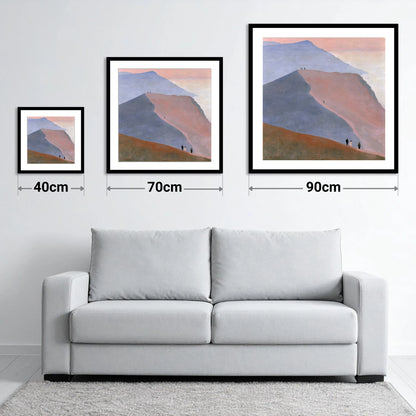 Walkers on a Dusk Ridge - size guide showing 40cm, 70cm and 90cm art prints