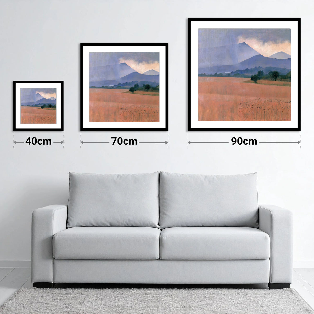 Distant Storm Over The Fells - size guide showing 40cm, 70cm and 90cm art prints