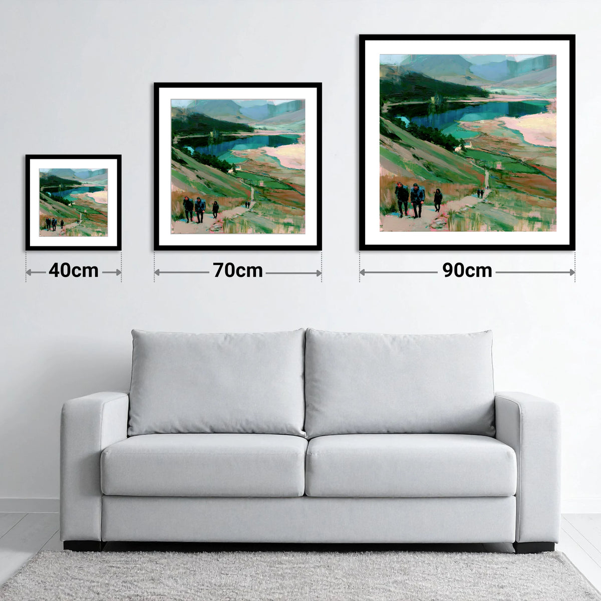 Fell Walkers Above the Lake - size guide showing 40cm, 70cm and 90cm art prints