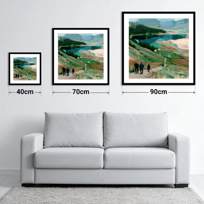 Fell Walkers Above the Lake - size guide showing 40cm, 70cm and 90cm art prints