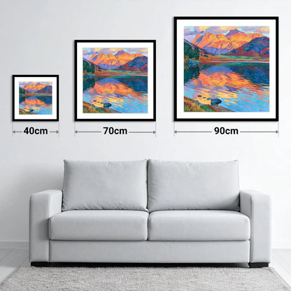 Radiant Fells and Lake Reflections - size guide showing 40cm, 70cm and 90cm art prints