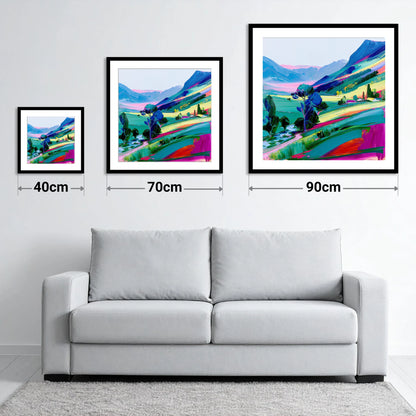 Vivid Morning Mist Valley - size guide showing 40cm, 70cm and 90cm art prints