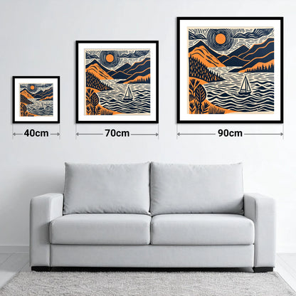 Windermere Sailboat Beneath Radiating Sun - size guide showing 40cm, 70cm and 90cm art prints
