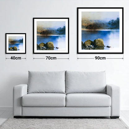 Mossy Boulders of Rydal Water - size guide showing 40cm, 70cm and 90cm art prints