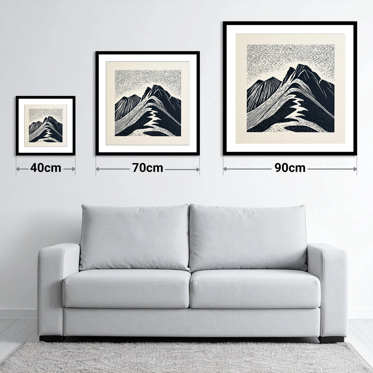 Bowfell Summit in Monochrome - size guide showing 40cm, 70cm and 90cm art prints