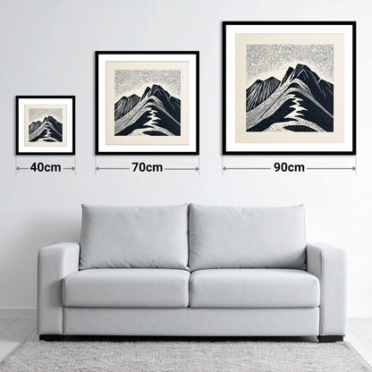 Bowfell Summit in Monochrome - size guide showing 40cm, 70cm and 90cm art prints