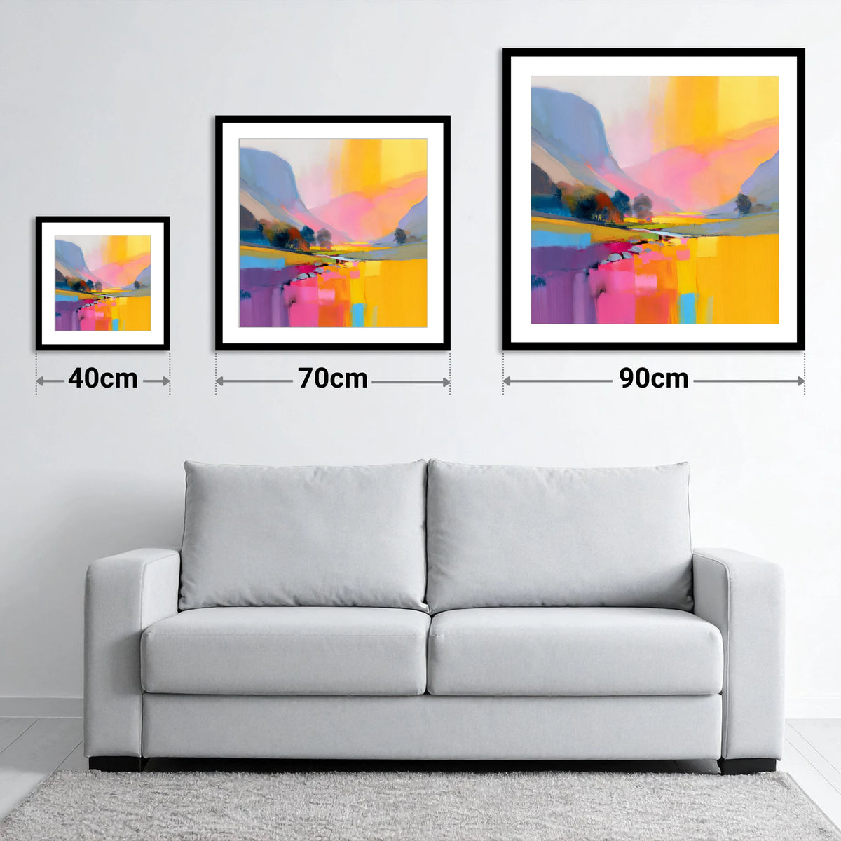 Vivid Pink Lakeland Valley Beck - size guide showing 40cm, 70cm and 90cm art prints