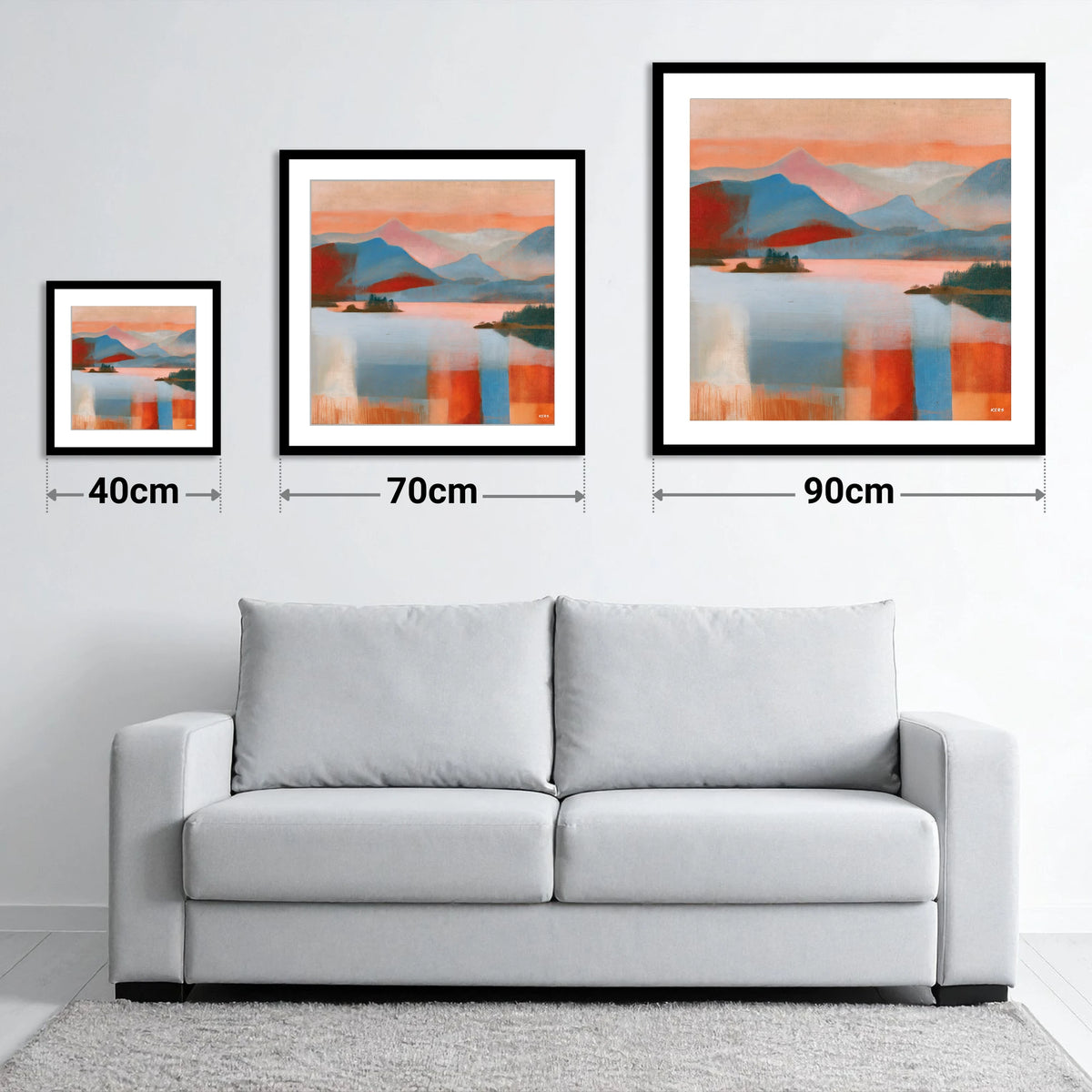 Abstract Derwentwater and Catbells Sunset - size guide showing 40cm, 70cm and 90cm art prints