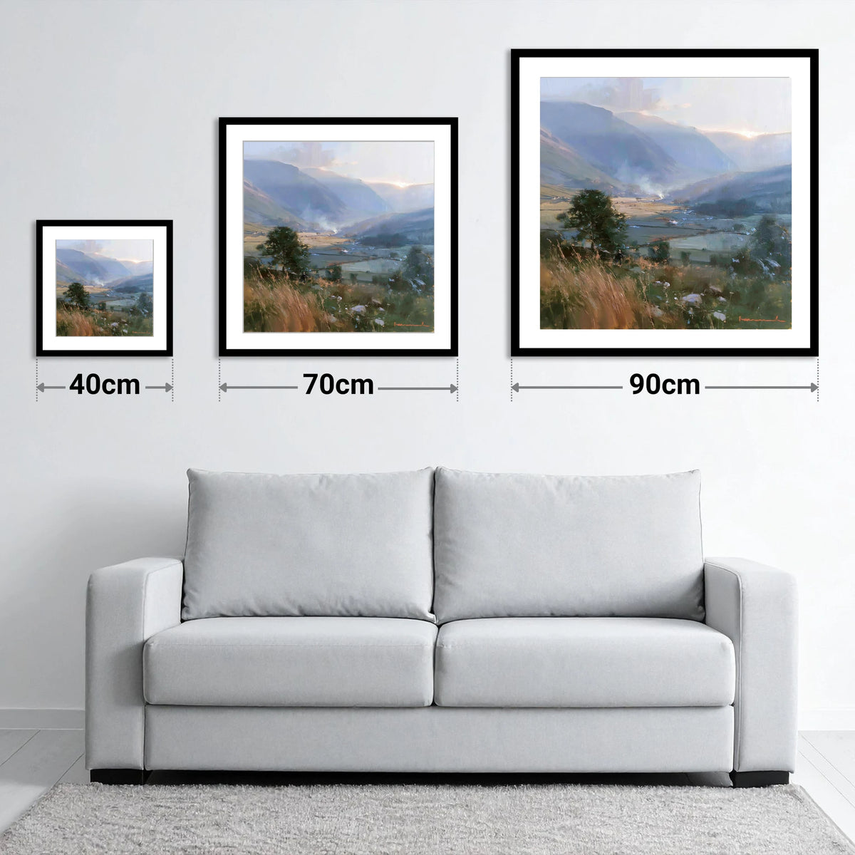 Hazy Sunlight Over Dale Fields - size guide showing 40cm, 70cm and 90cm art prints