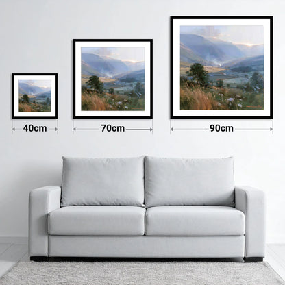 Hazy Sunlight Over Dale Fields - size guide showing 40cm, 70cm and 90cm art prints
