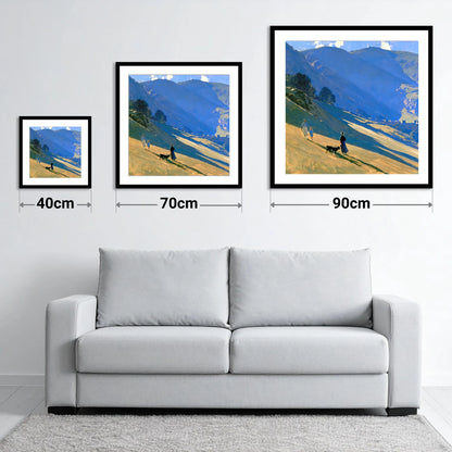 Sunlit Dog Walk at Patterdale - size guide showing 40cm, 70cm and 90cm art prints