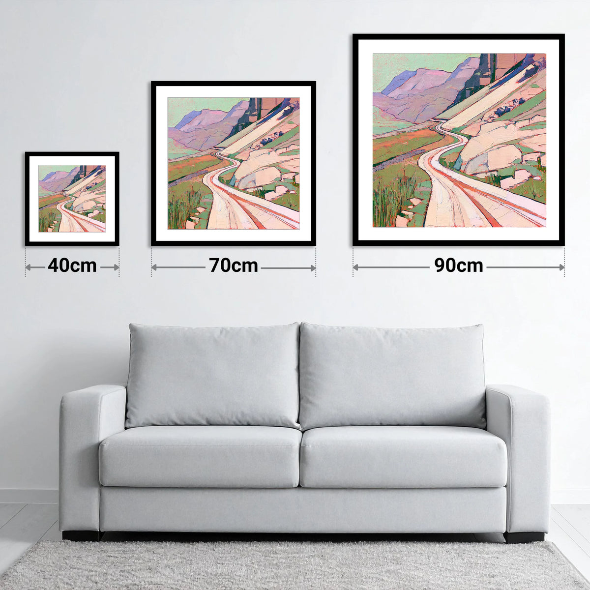 Vibrant Winding Mountain Pass - size guide showing 40cm, 70cm and 90cm art prints