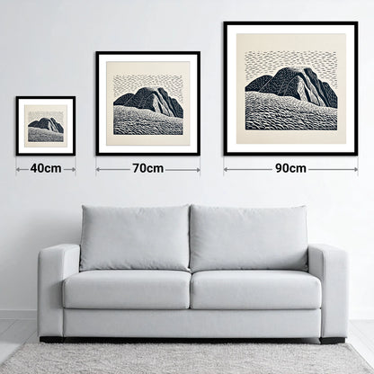 Graphic Monochrome Great Gable - size guide showing 40cm, 70cm and 90cm art prints