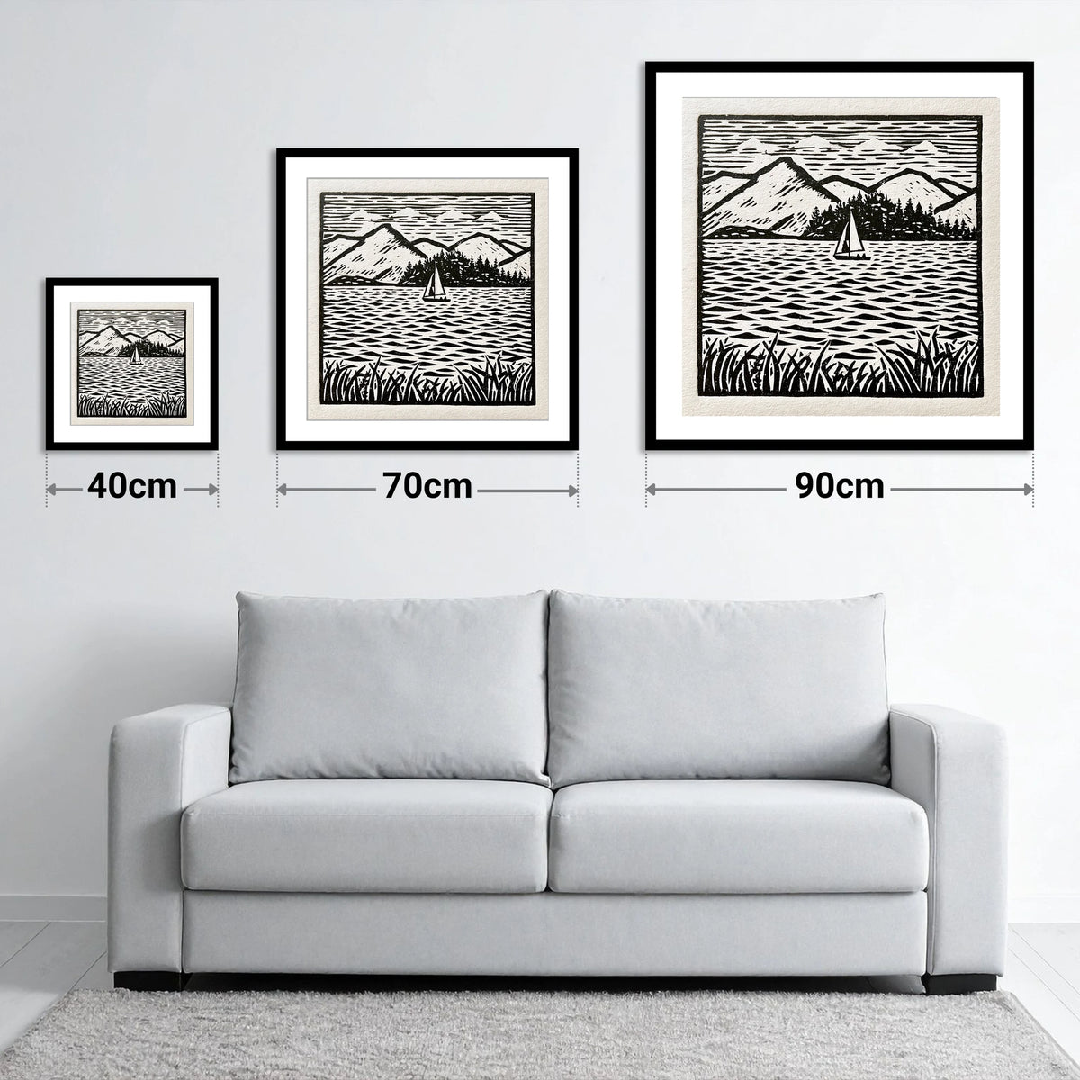 Monochrome Sailboat on Derwentwater - size guide showing 40cm, 70cm and 90cm art prints
