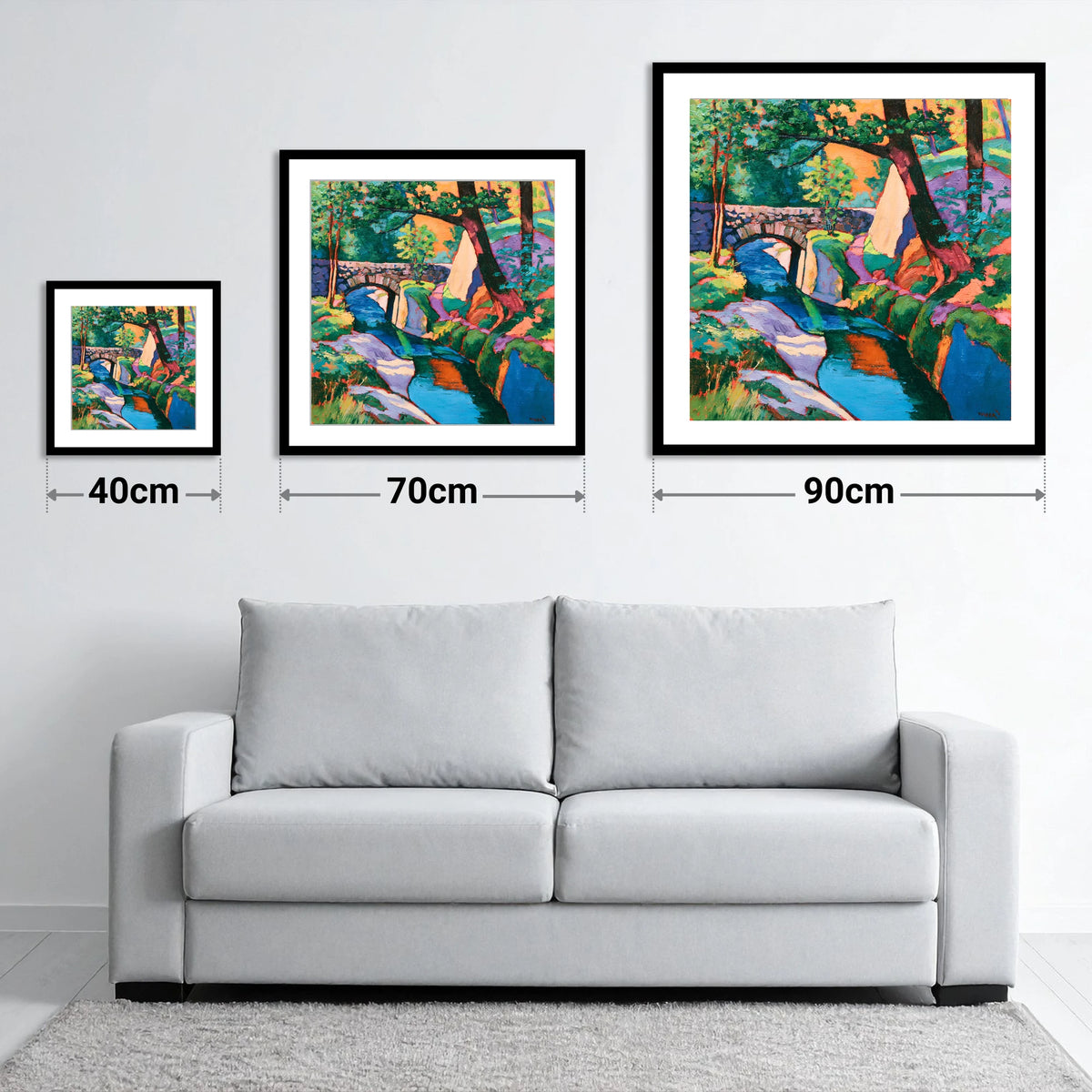 Vibrant Bridge Over Turquoise Beck - size guide showing 40cm, 70cm and 90cm art prints