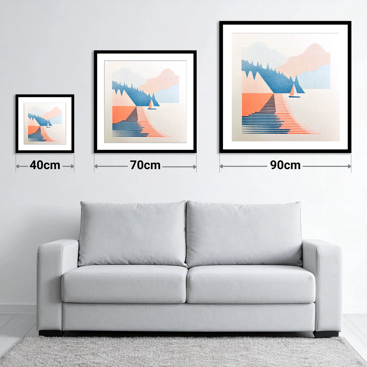 Geometric Sailboat on Windermere - size guide showing 40cm, 70cm and 90cm art prints