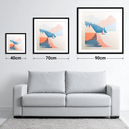 Geometric Sailboat on Windermere - size guide showing 40cm, 70cm and 90cm art prints