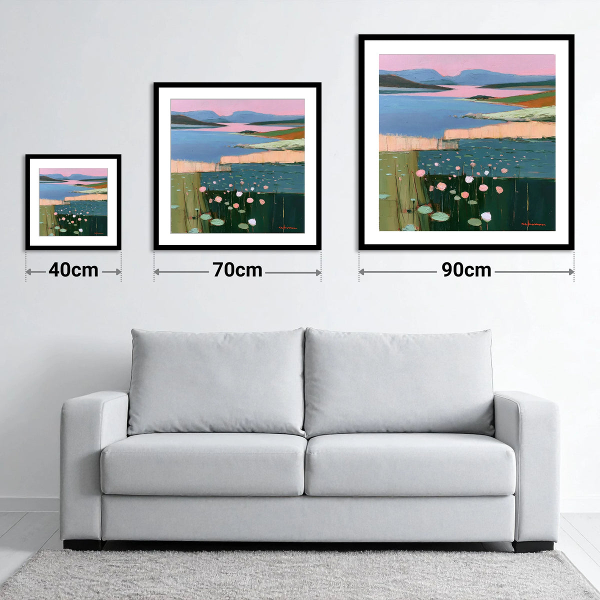 Lake Fells Under Pink Sky - size guide showing 40cm, 70cm and 90cm art prints